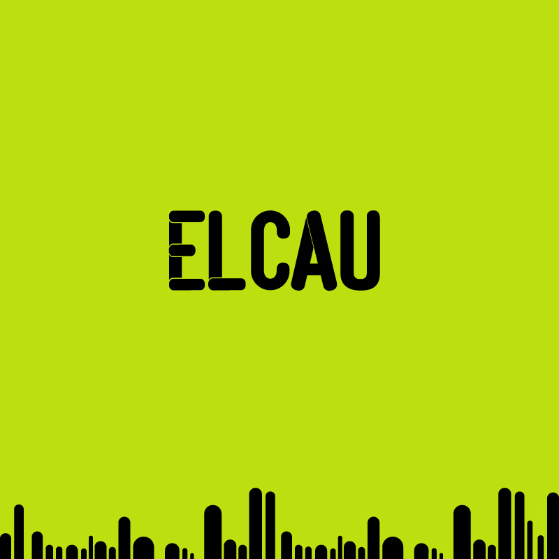 Logotip d’El Cau sobre fons verd amb formes gràfiques verticals